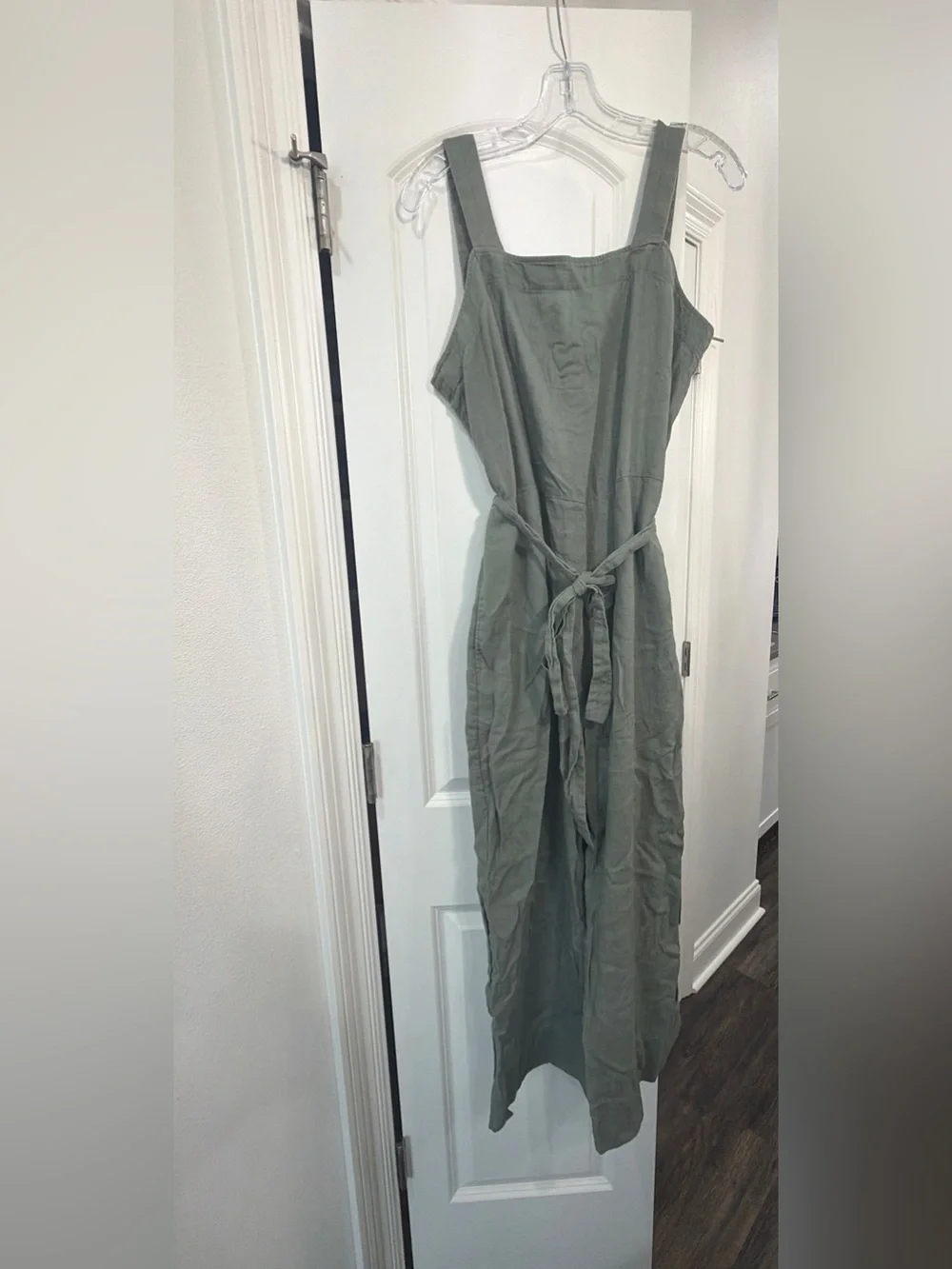 Quince Olive Tie-Waist 100%   Linen Pantsuit